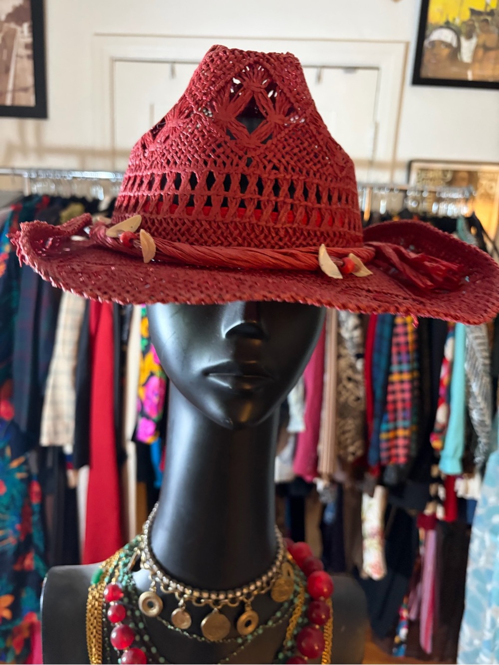 RARE Vintage Vivienne Westwood Woven Straw Cowboy Hat Red Open Knit Shell Band